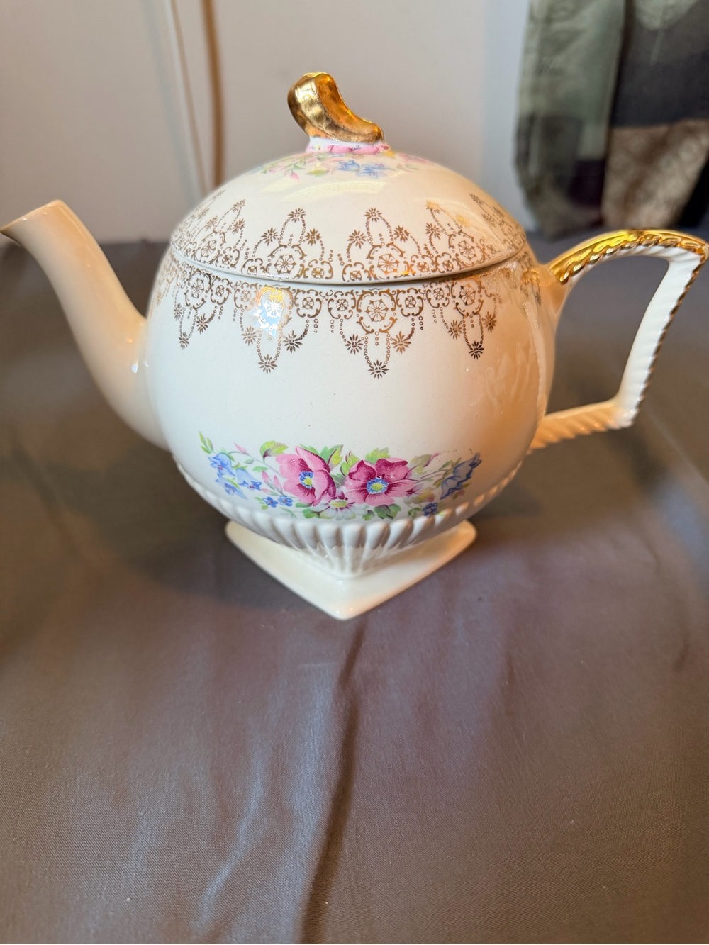 Vintage White Floral Teapot with Gold Accents